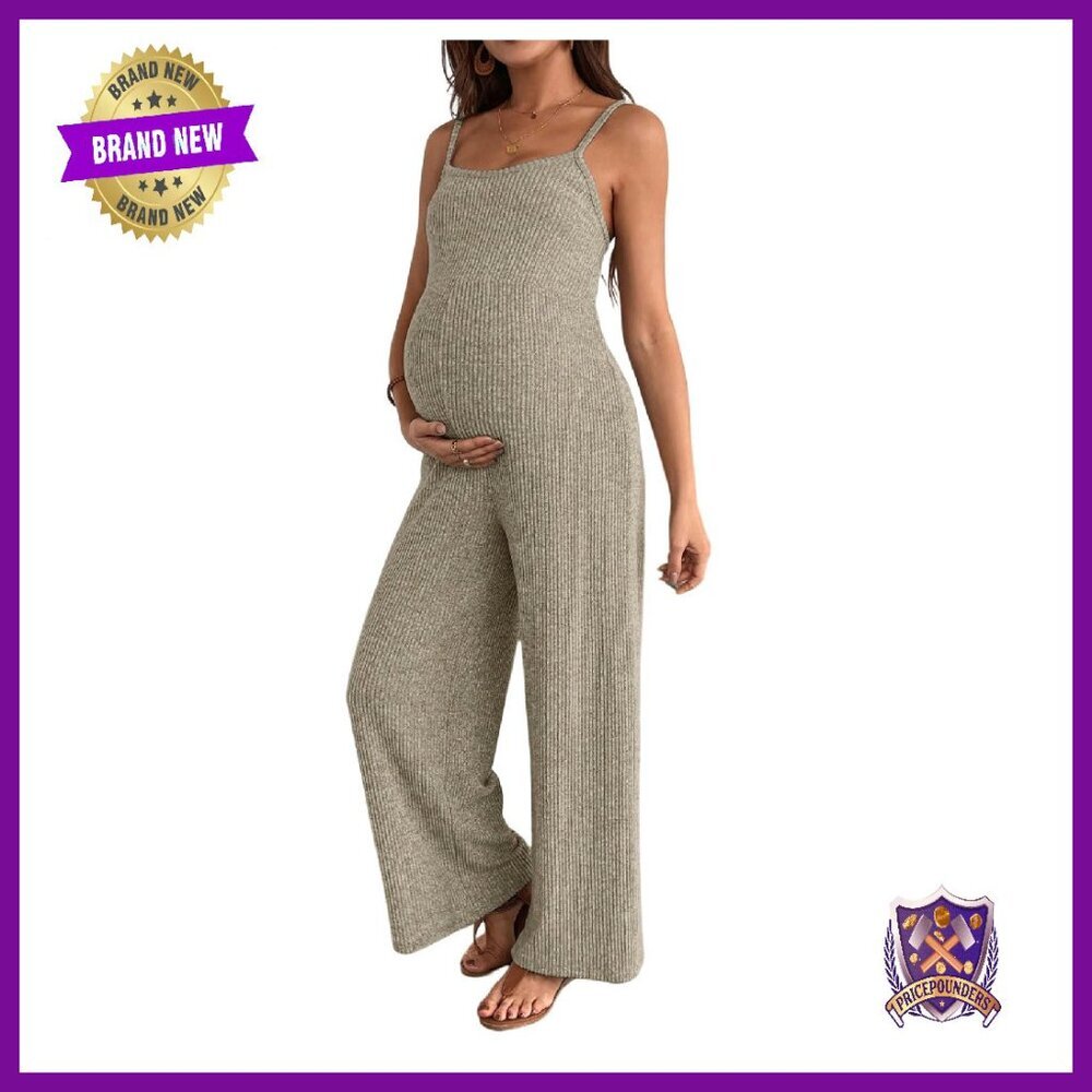 Maternity Jumpsuit Rib Knit Wide Leg Romper Spaghetti Strap